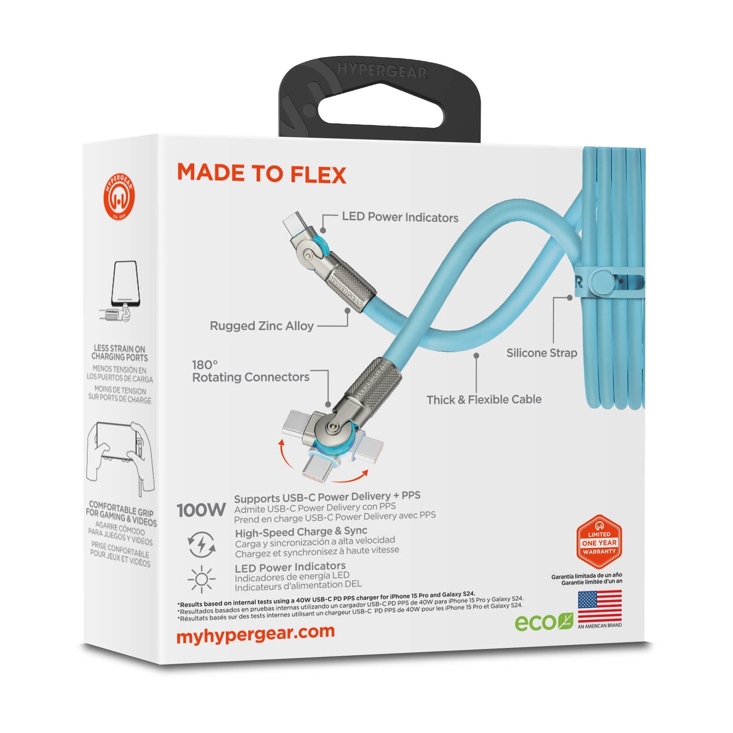HyperGear 12 ft. 360cm USB-C to USB-C Chunky 180 Rugged Cable w/Rotating Connectors - Blue - 15-15462