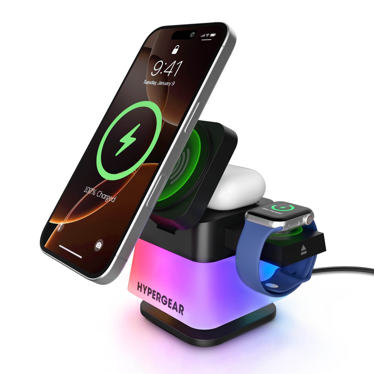 HyperGear 15W PowerFold Cube 3-in-1 Wireless Charging Stand Compatible w/ Magsafe + Watch - 15-15464