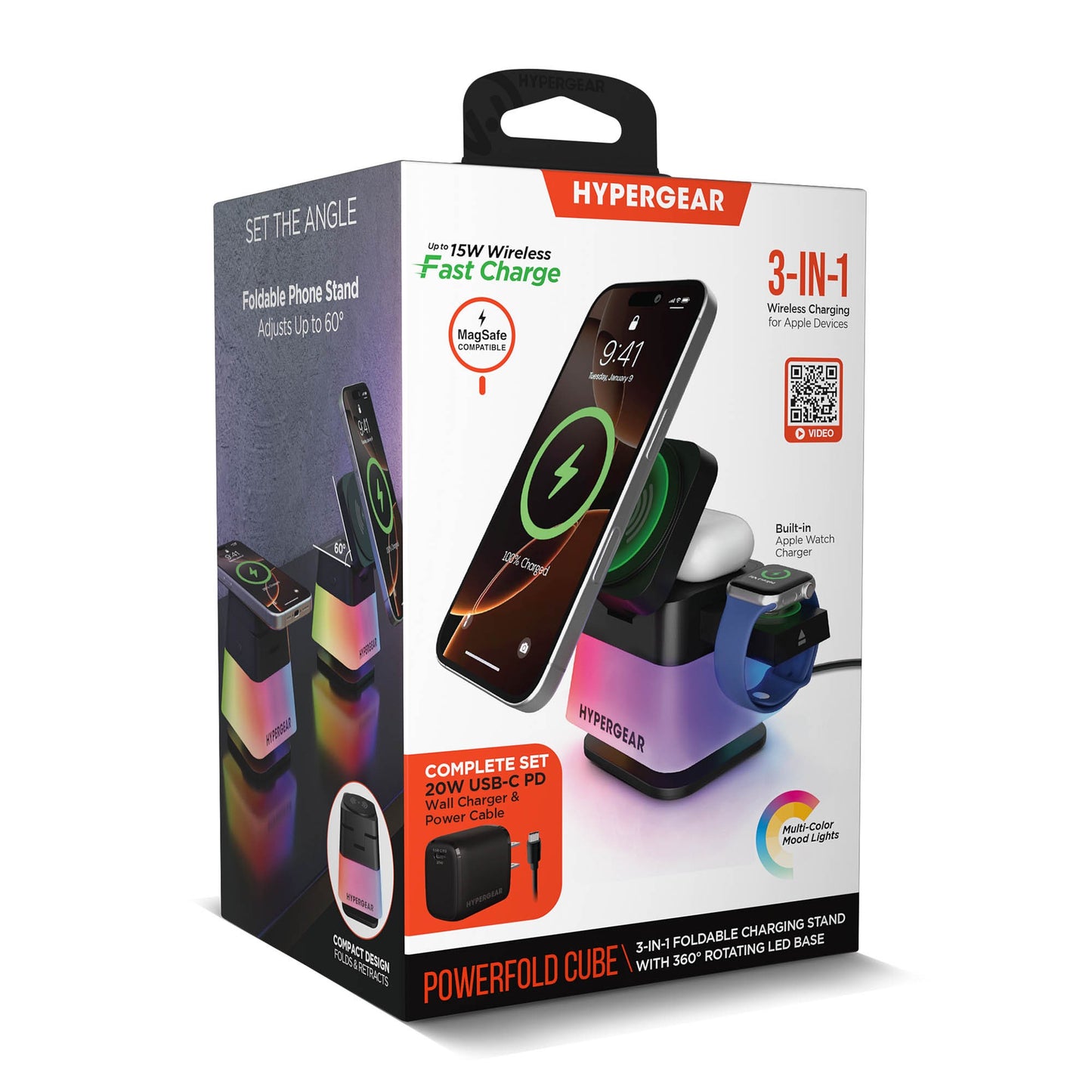HyperGear 15W PowerFold Cube 3-in-1 Wireless Charging Stand Compatible w/ Magsafe + Watch - 15-15464