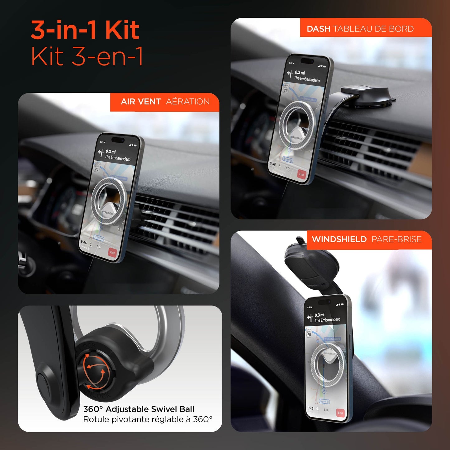 HyperGear Mag Grip Pro Magnetic Phone Mount w/Flexible Suction Base + Vent Clip - 15-15468