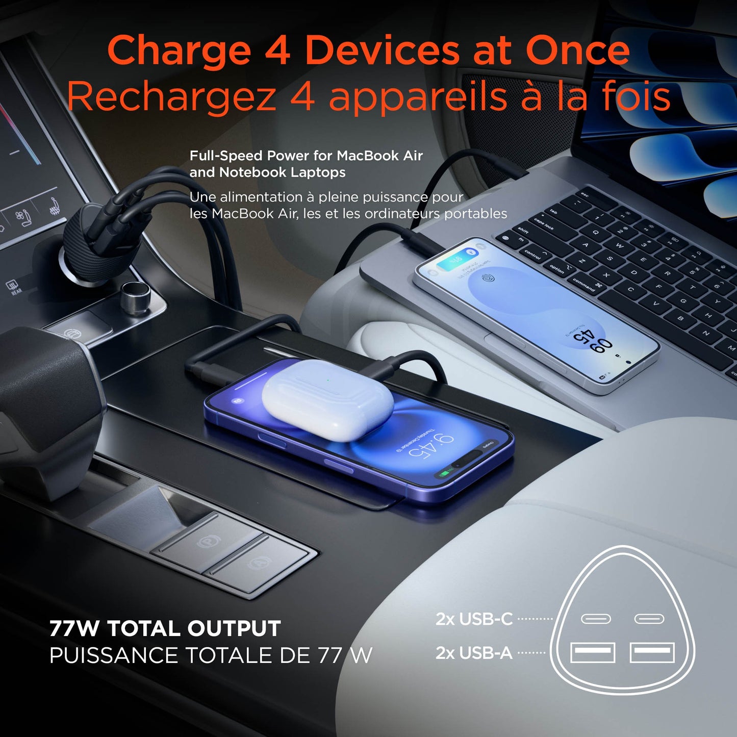 HyperGear SpeedBoost 77W Dual USB-C + Dual USB-A CLA Fast Charge Car Charger - Black - 15-15873