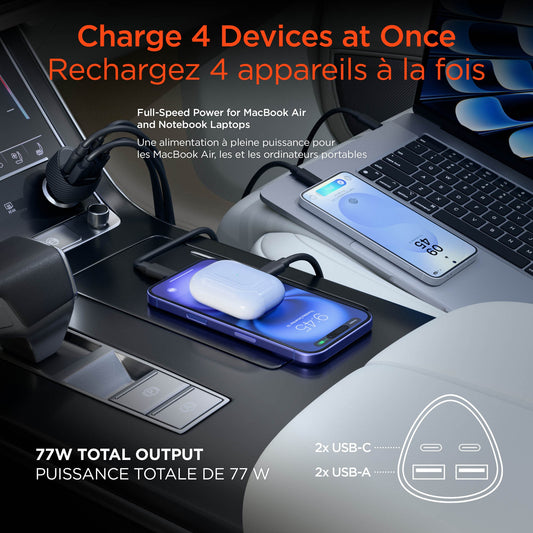 HyperGear SpeedBoost 77W Dual USB-C + Dual USB-A CLA Fast Charge Car Charger - Black - 15-15873