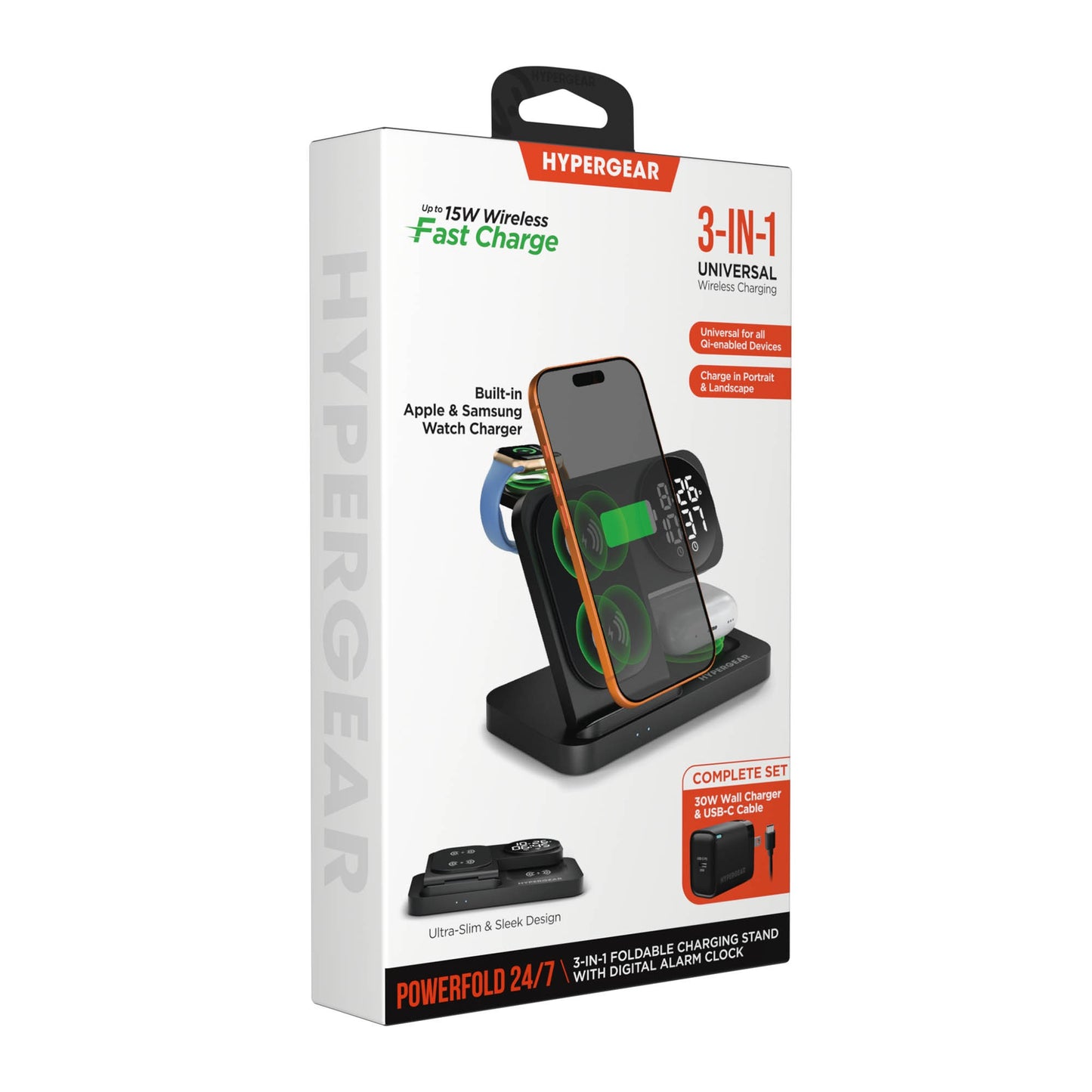 Hypergear 15W Powerfold 24/7 3in1 Foldable Wireless Charging Stand w/Digital Alarm Clock - Black - 15-16269