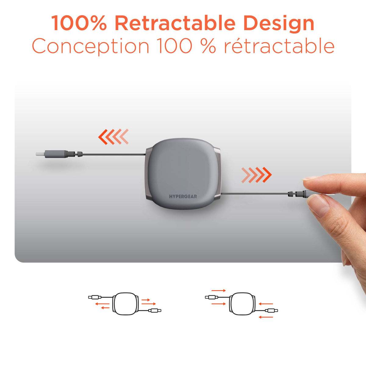 HyperGear FlexiGo 100W USB-C to USB-C Retractable Cable with Ultra-Slim & Compact Case - Grey - 15-16389