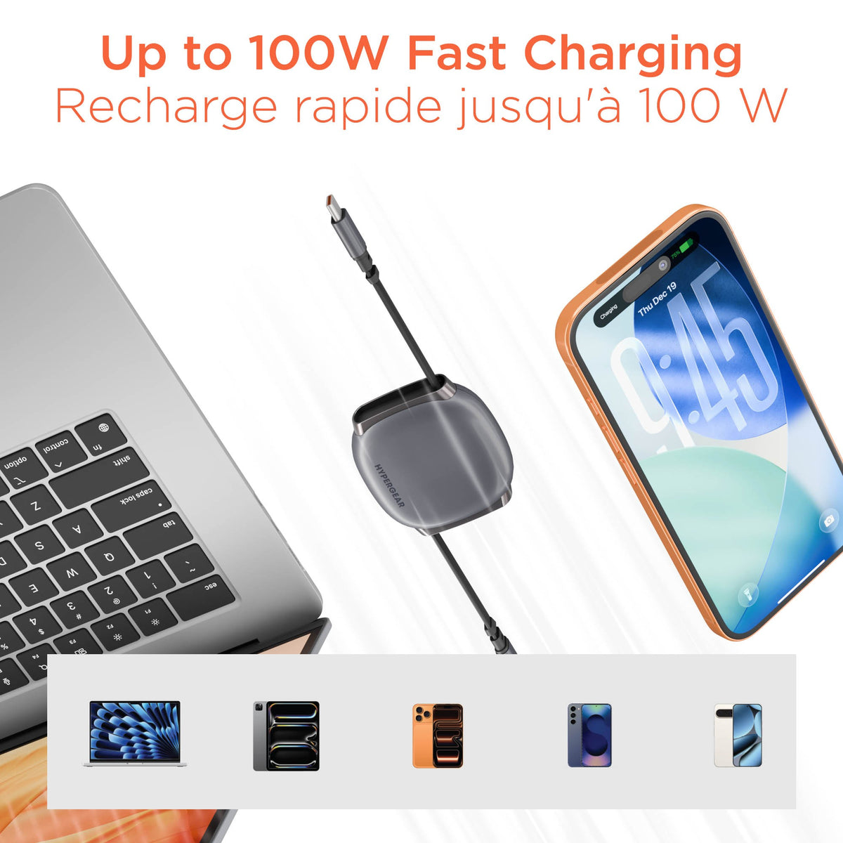 HyperGear FlexiGo 100W USB-C to USB-C Retractable Cable with Ultra-Slim & Compact Case - Grey - 15-16389