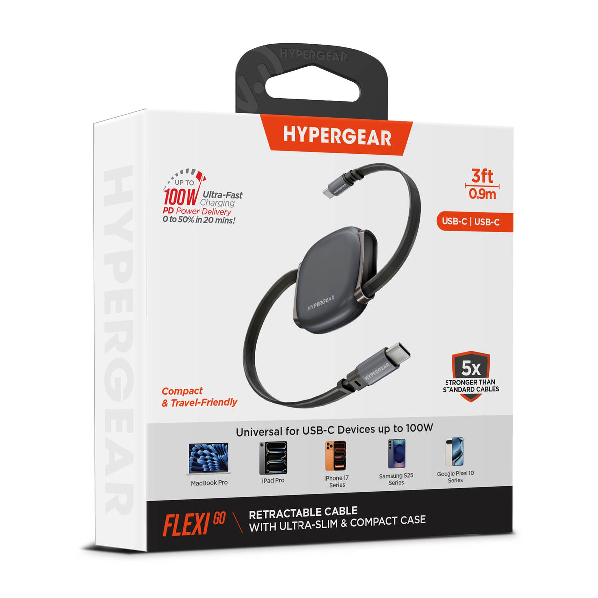 HyperGear FlexiGo 100W USB-C to USB-C Retractable Cable with Ultra-Slim & Compact Case - Grey - 15-16389