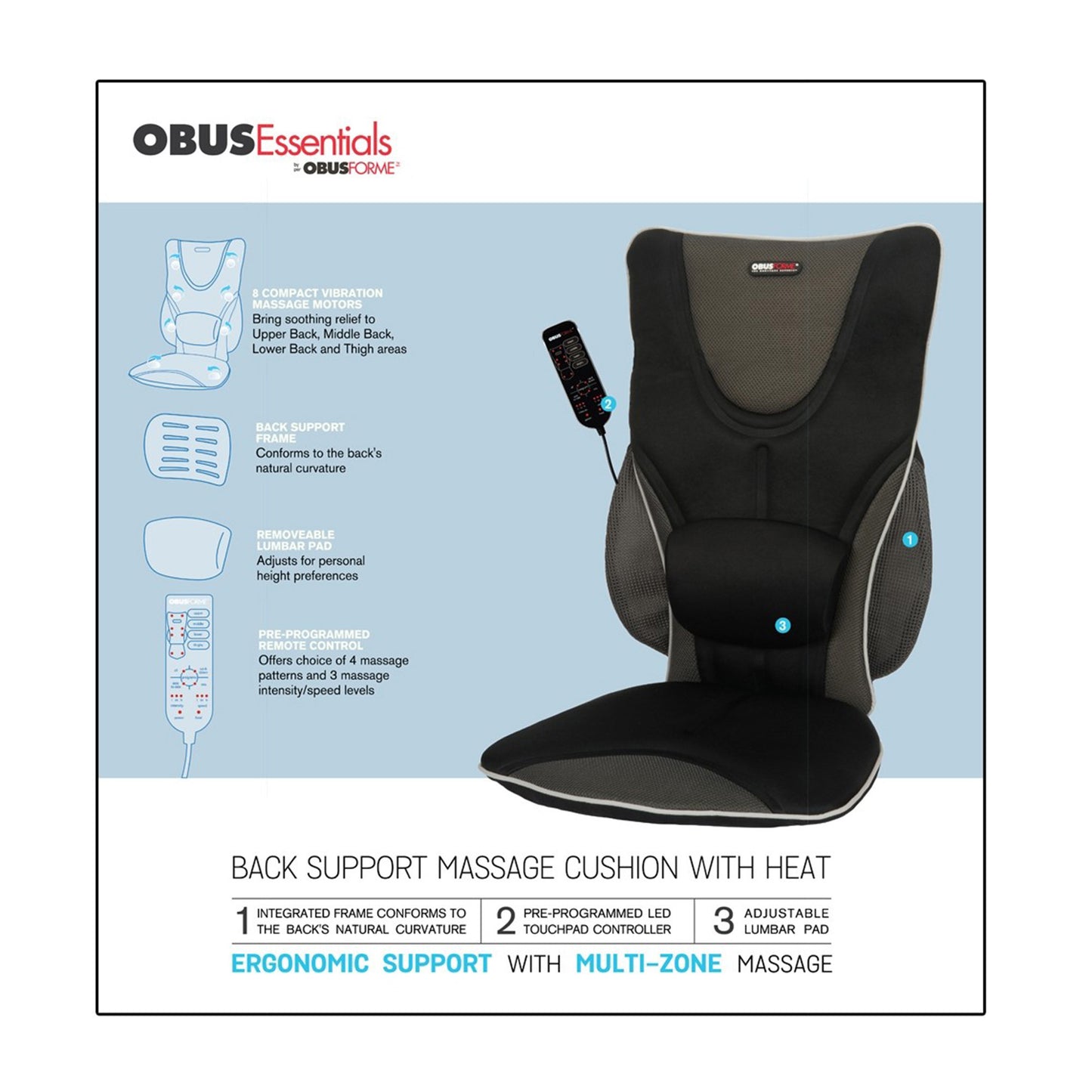 ObusForme Home/Auto Back & Seat Heated Massage Cushion with Remote - 15-07376
