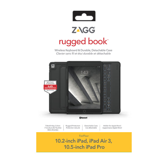 iPad 10.2 (2019-2021) (7th-9th Gen)/Air 3/Pro 10.5 ZAGG Black Rugged Book BT Keyboard Case - 15-07914