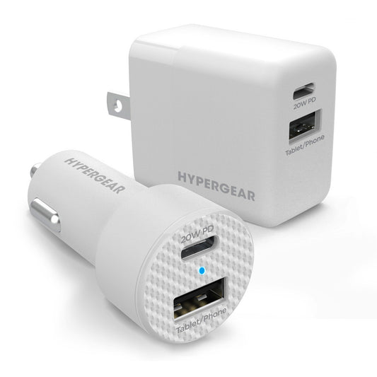 HyperGear 20W White Dual Port USB-A & USB-C CLA & Wall Charger Bundle Pack - 15-09053