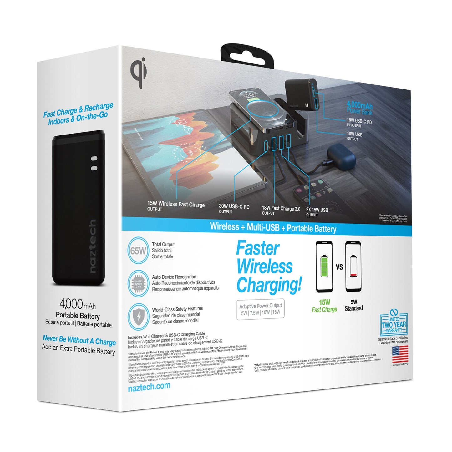 Naztech 65W Ultimate Charging Station Pro USB-C Wall Charger w/ Qi + 4000 mAh Portable Power Ban - 15-10066